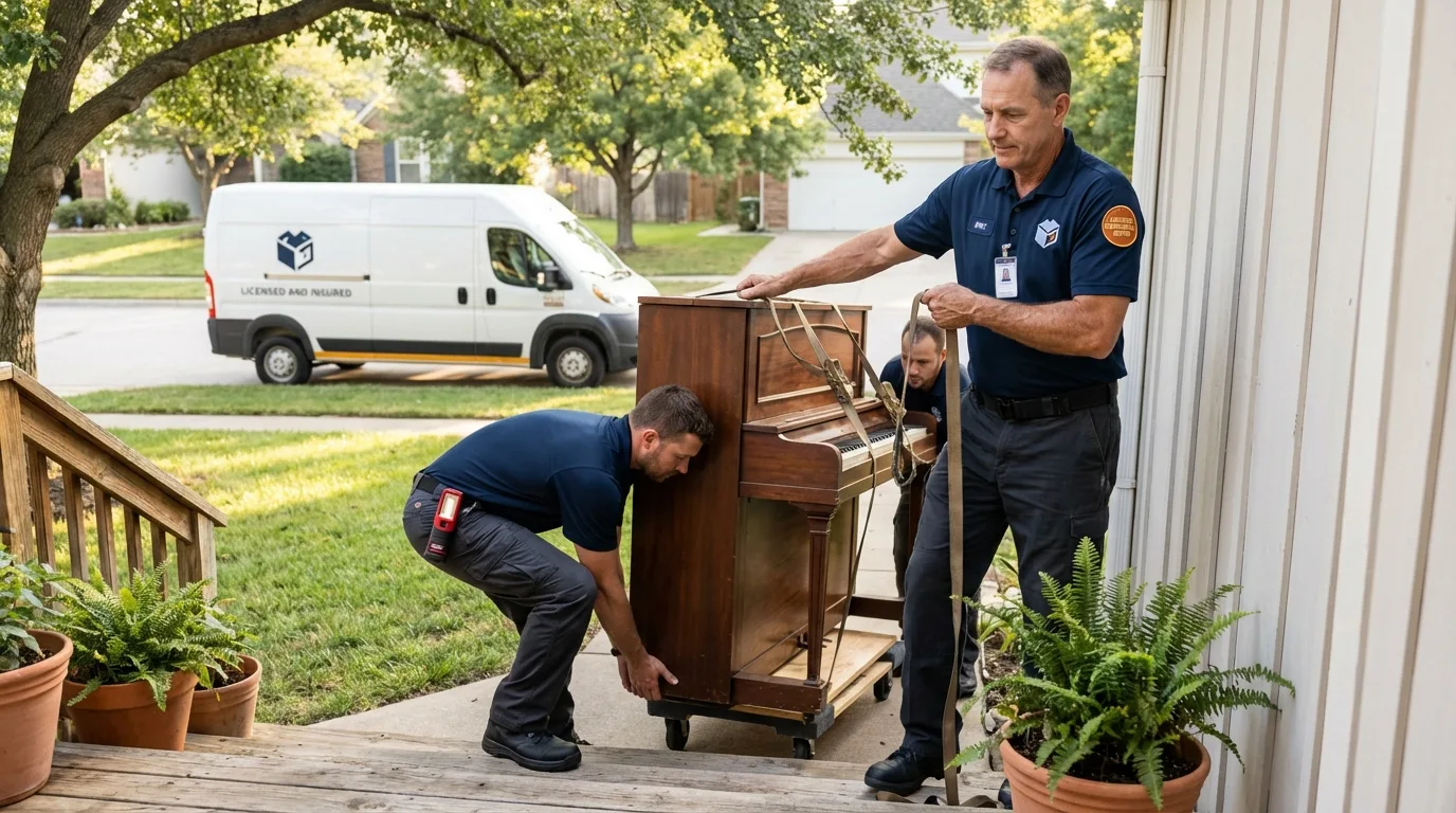 Licensed piano movers securing grand piano in Wilton, IA