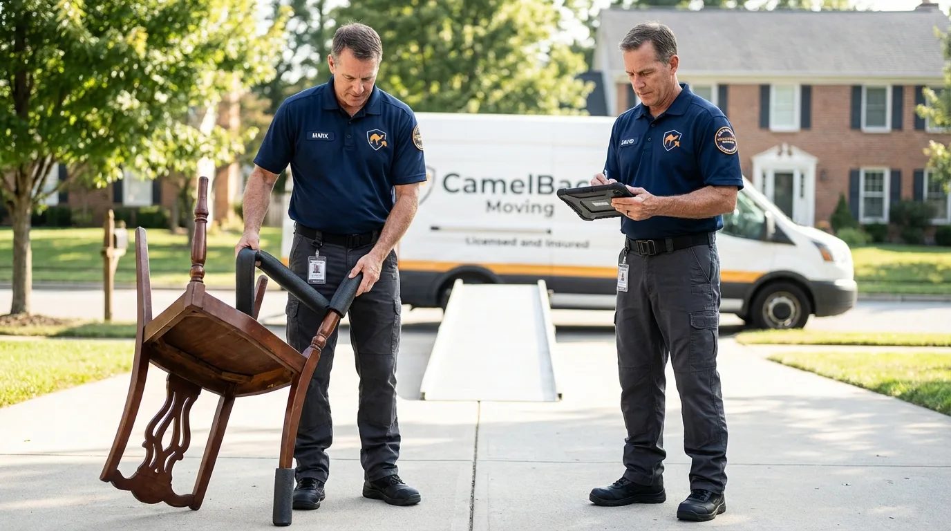 Movers inspecting furniture for damage prevention before loading in Wilton, IA