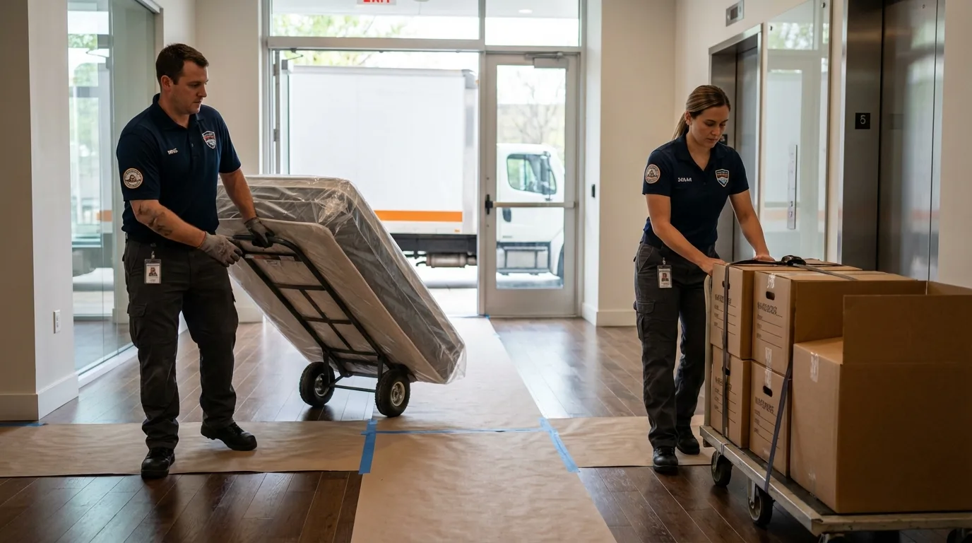 Professional apartment movers loading elevator in Wilton, IA